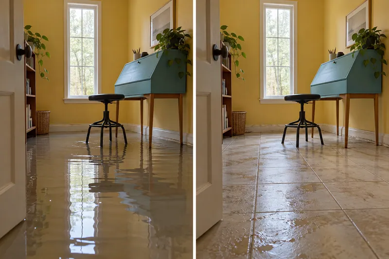 Water Extraction Near Heritage Park — matched room before bulk pickup and after collection with damp flooring