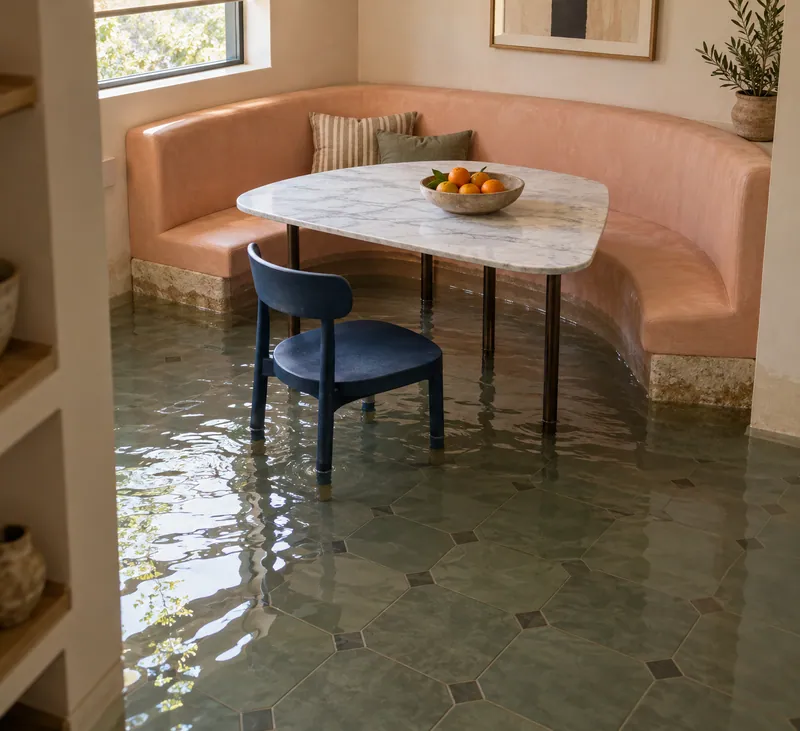 Water Extraction Near Heritage Park — pooled water and partially submerged furniture feet