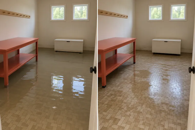 Water Extraction Near Stone Creek Park — matched room before bulk pickup and after collection with damp flooring