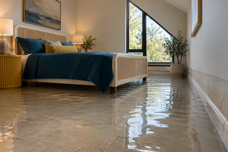 Water Extraction Near Stone Creek Park — pooled water and partially submerged furniture feet