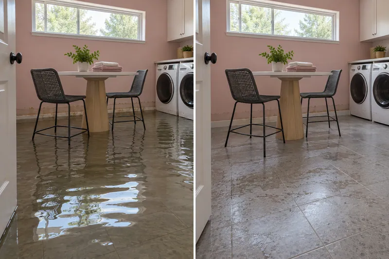 Water Extraction Near Twin Coves Park — matched room before bulk pickup and after collection with damp flooring