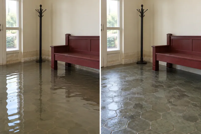 Water Extraction Near Westchester Park — matched room before bulk pickup and after collection with damp flooring