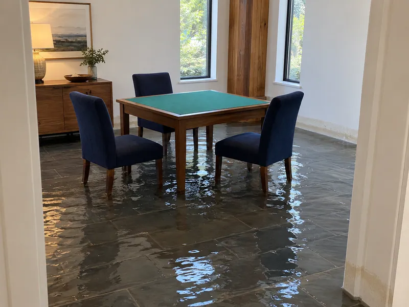 Water Extraction Near Westchester Park — pooled water and partially submerged furniture feet