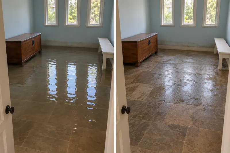 Water Extraction Near Bluebonnet Park — matched room before bulk pickup and after collection with damp flooring