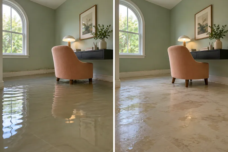 Water Extraction Near Bakersfield Park — matched room before bulk pickup and after collection with damp flooring