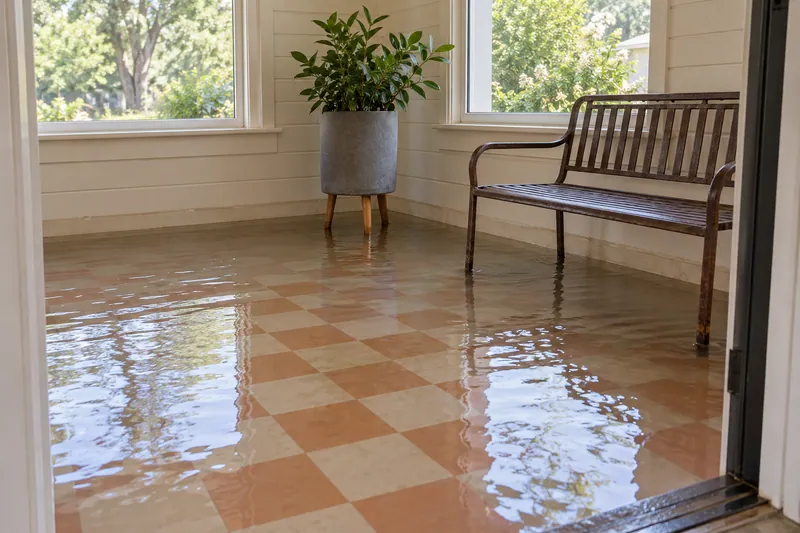 Water Extraction Near Bakersfield Park — pooled water and partially submerged furniture feet