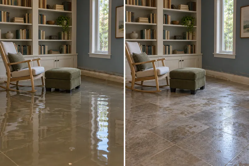 Water Extraction in Flower Mound — matched room before bulk pickup and after collection with damp flooring