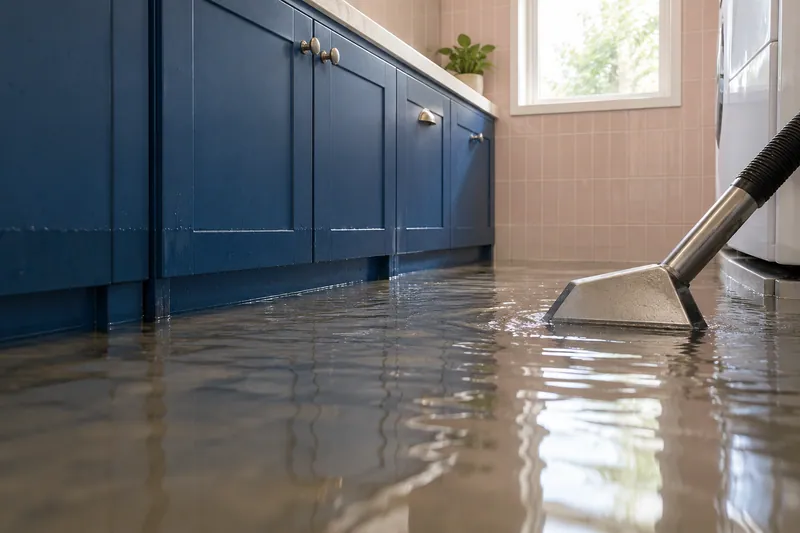 Water extraction in Flower Mound — pickup wand and pooled water beside utility cabinets