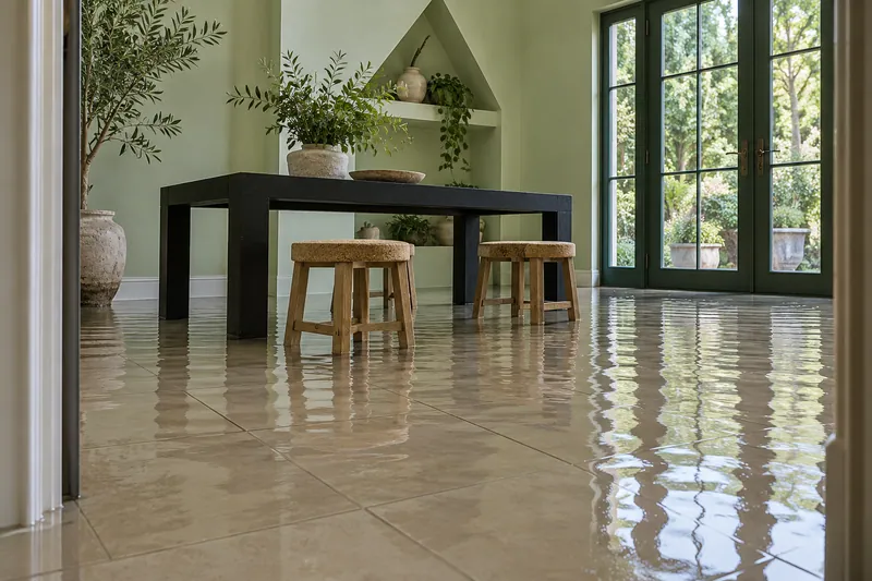 Water Extraction in Flower Mound — deep standing water across a pistachio dining room